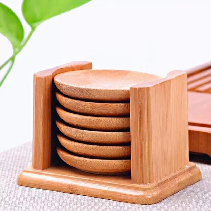 6PCS Round Shape Bamboo Coaste - Marble Coaster Set recension och pris